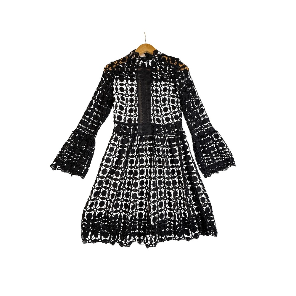 EillyBazar Black Floral Crochet Lace Mock Neck Bell Sleeve Mini Dress Size L